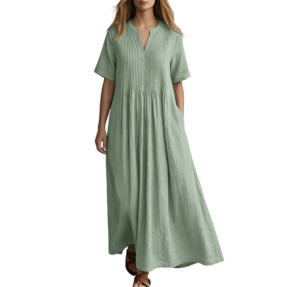 SAWOBUUN Womens Summer Linen Maxi Dress Short Sleeve V Neck Pleated Loose Fit Casual Beach Vacation Long Dress with Pockets
