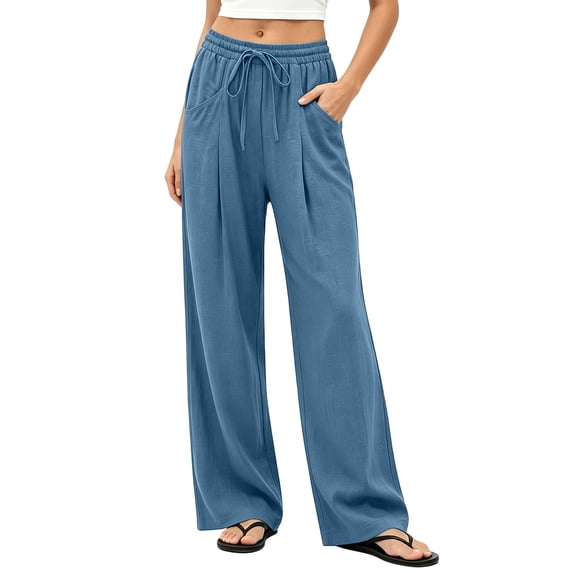 SAWOBUUN Womens Summer Wide Leg Lounge Pants Elastic Waist Drawstring Casual Trousers with Pockets