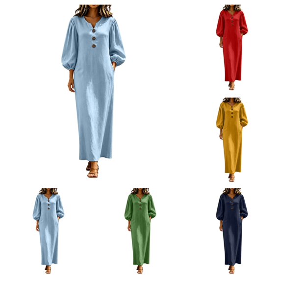 SAWOBUUN Womens V Neck Long Puff Sleeve Button-Front Maxi Dress Loose Fit Casual Dress with Side Pockets
