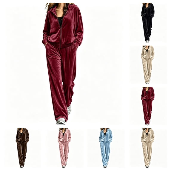 SAWOBUUN Womens Velour Tracksuits Set 2 Piece Lounge Outfits Long Sleeve Zip Hoodie Sweatshirt Wide Leg Sweatpants Set S-5XL