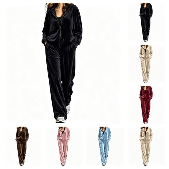 SAWOBUUN Womens Velour Tracksuits Set 2 Piece Lounge Outfits Long Sleeve Zip Hoodie Sweatshirt Wide Leg Sweatpants Set S-5XL