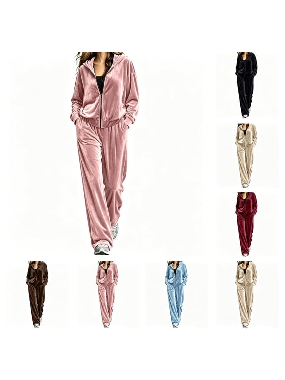 Womens Velour Tracksuits Set 2 Piece Lounge Outfits Long Sleeve Zip Hoodie Sweatshirt Wide Leg Sweatpants Set S-5XL
