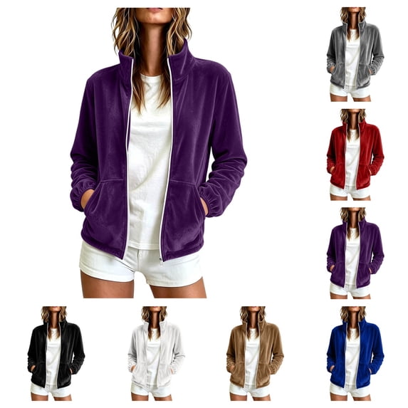 SAWOBUUN Womens Velvet Zip Up Jacket Stand Collar Long Sleeve Velour Coat with Side Pockets Casual Fall Winter Outerwear