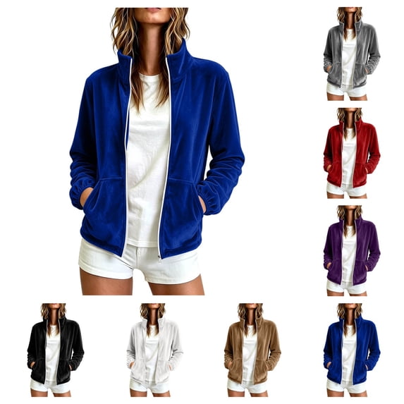 SAWOBUUN Womens Velvet Zip Up Jacket Stand Collar Long Sleeve Velour Coat with Side Pockets Casual Fall Winter Outerwear
