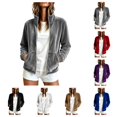 thumbnail image 1 of SAWOBUUN Womens Velvet Zip Up Jacket Stand Collar Long Sleeve Velour Coat with Side Pockets Casual Fall Winter Outerwear, 1 of 7
