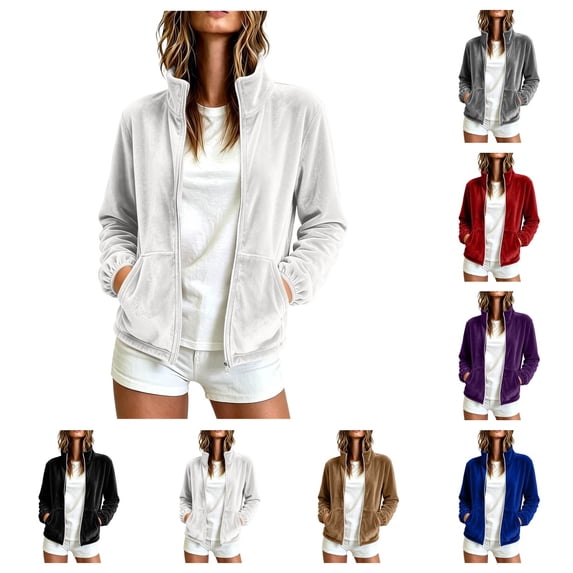 SAWOBUUN Womens Velvet Zip Up Jacket Stand Collar Long Sleeve Velour Coat with Side Pockets Casual Fall Winter Outerwear