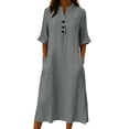 thumbnail image 1 of SAWOBUUN Womens Washed Cotton Blend Midi Dress Button V Neck Half Sleeve Casual Loose Summer Dress with Pockets, 1 of 6