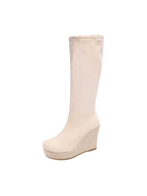 Womens Wedge Heel Knee High Boots Round Toe Thick Sole Faux Suede Comfortable Pull On Fall Winter Boots