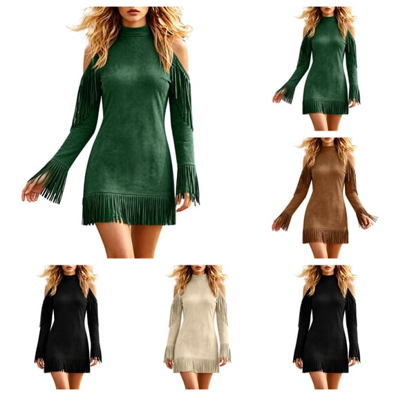 SAWOBUUN Womens Western Cowgirl Fringe Mini Dress Cold Shoulder Long Sleeve Faux Suede Tassel Bodycon Dress