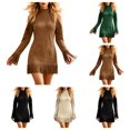 thumbnail image 1 of SAWOBUUN Womens Western Cowgirl Fringe Mini Dress Cold Shoulder Long Sleeve Faux Suede Tassel Bodycon Dress, 1 of 7
