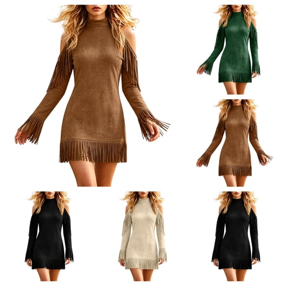 SAWOBUUN Womens Western Cowgirl Fringe Mini Dress Cold Shoulder Long Sleeve Faux Suede Tassel Bodycon Dress