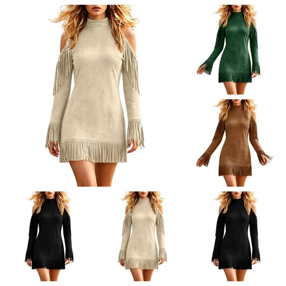 SAWOBUUN Womens Western Cowgirl Fringe Mini Dress Cold Shoulder Long Sleeve Faux Suede Tassel Bodycon Dress