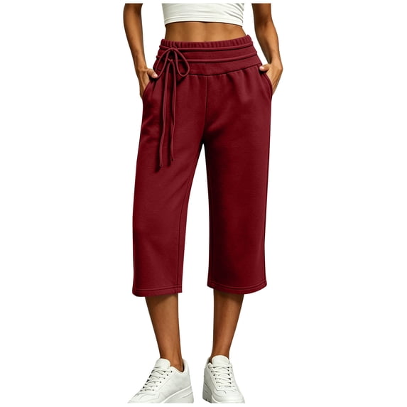 SAWOBUUN Womens Wide Leg Capri Sweatpants High Waisted Drawstring Casual Soft Cropped Lounge Pants with Pockets