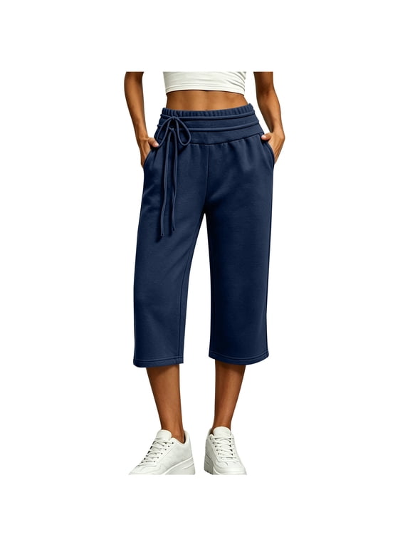 Womens Wide Leg Capri Sweatpants High Waisted Drawstring Casual Soft Cropped Lounge Pants with Pockets