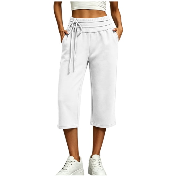 SAWOBUUN Womens Wide Leg Capri Sweatpants High Waisted Drawstring Casual Soft Cropped Lounge Pants with Pockets