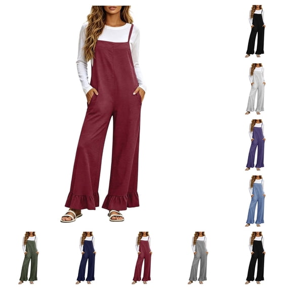 SAWOBUUN Womens Wide Leg Jumpsuit Adjustable Straps Casual Overalls Ruffled Hem Loose Fit Sleeveless Jumpsuits