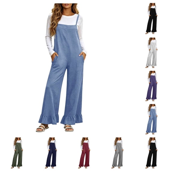 SAWOBUUN Womens Wide Leg Jumpsuit Adjustable Straps Casual Overalls Ruffled Hem Loose Fit Sleeveless Jumpsuits
