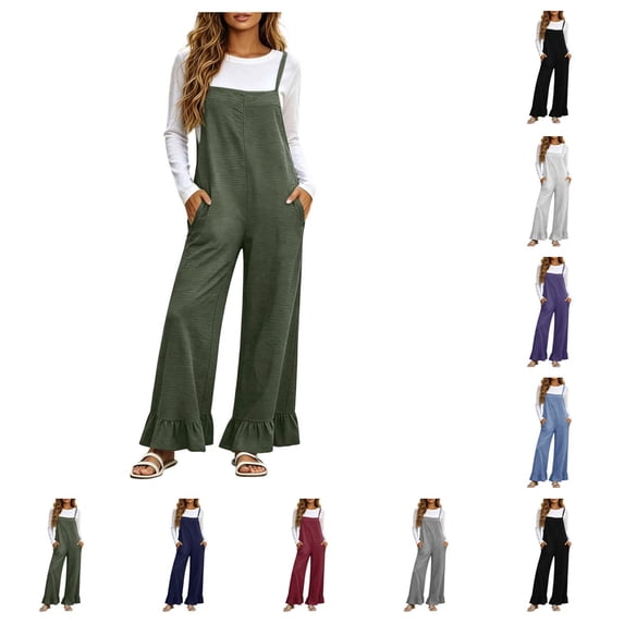 SAWOBUUN Womens Wide Leg Jumpsuit Adjustable Straps Casual Overalls Ruffled Hem Loose Fit Sleeveless Jumpsuits