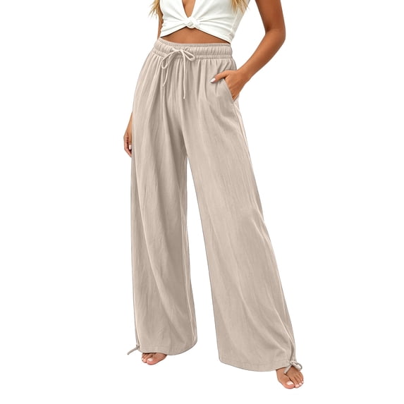 SAWOBUUN Womens Wide Leg Pants Drawstring High Waisted Flowy Palazzo Trousers Ankle Tie Lightweight Lounge Pants