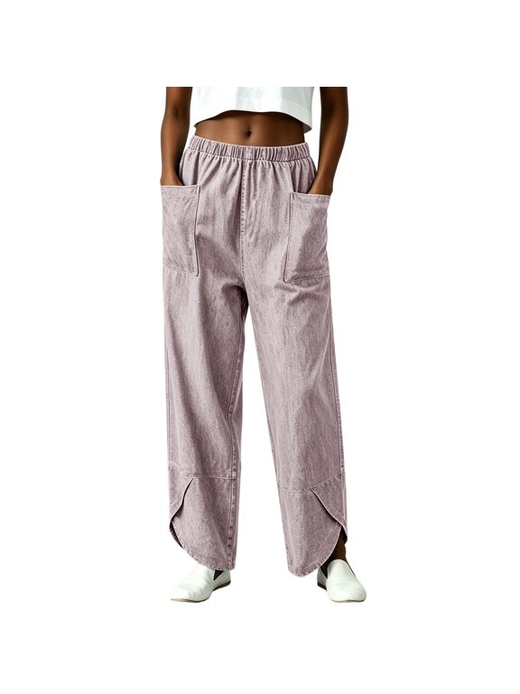 Womens Wide Leg Pants Elastic Waist Split Hem Casual Trousers Loose Fit Palazzo Pants with Pockets