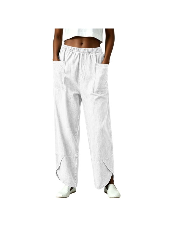 Womens Wide Leg Pants Elastic Waist Split Hem Casual Trousers Loose Fit Palazzo Pants with Pockets