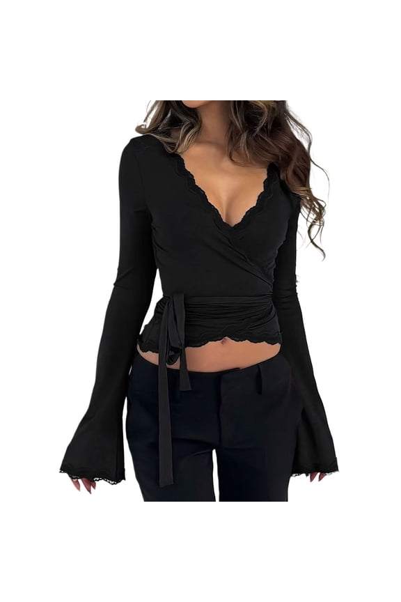 Womens Y2k Lace Crop Tops Long Sleeve V Neck Ballet Wrap Slim Fit Blouses Workout Pilates Yoga Coquette T-Shirts