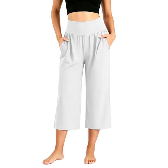SAWOBUUN Womens Yoga Capri Pants Wide Leg High Waisted Lounge Pants Soft Lightweight Cropped Trousers with Pockets