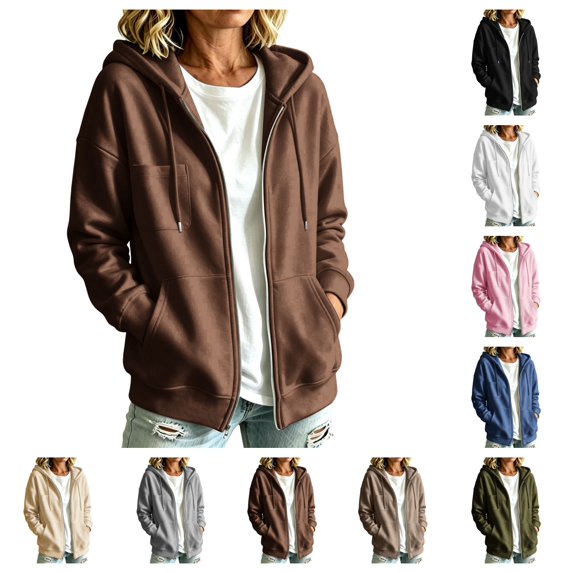 SAWOBUUN Womens Zip Up Hoodie Drawstring Long Sleeve Loose Casual Sweatshirt Jacket with Pockets