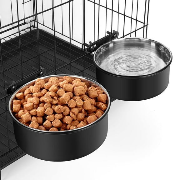 SAWcasa 2Pcs Dog Crate Water Bowl No Spill, Stainless Steel Food and Water Bowls Hanging for Dog Cage, Crate, Kennel, Removable Coop Cage Cup for Large&Medium Dogs, Pets - Black L (7.1x2.8''&6.3×2.6'