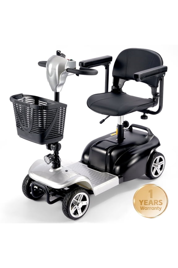 4 Wheel Mobility Scooter,Suitable for Seniors and People with disabilities,with LED Headlights and Basket,silver