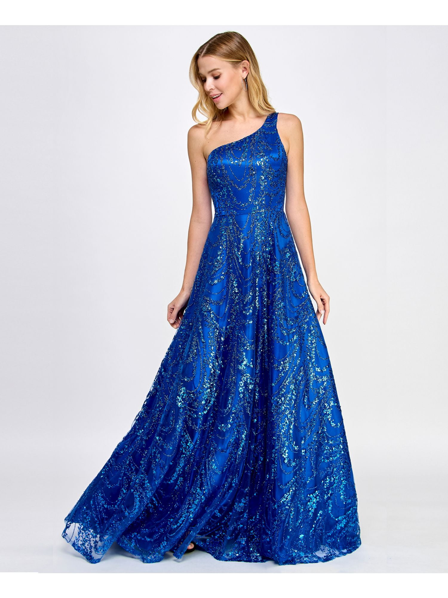 SAY YES TO THE PROM Womens Blue Zippered Lined Strappy Open Back Glitter Tulle Sleeveless Asymmetrical Neckline Full-Length Prom Gown Dress Juniors 5