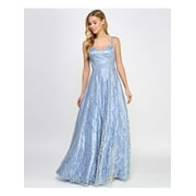 SAY YES TO THE PROM Womens Light Blue Zippered Sequined Strappy Mesh Glitter Lined Padde Spaghetti Strap V Neck Full-Length Formal Fit + Flare Dress Juniors 1\2
