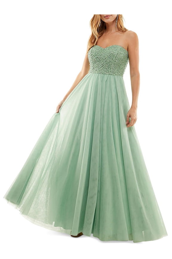 SAY YES TO THE PROM Womens Green Embellished Zippered Padded Lined Tulle Mesh Sleeveless Sweetheart Neckline Full-Length Party Gown Dress Juniors 11