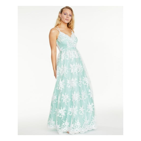 SAY YES TO THE PROM Womens Green Sheer Zippered Patterned Spaghetti Strap V Neck Full-Length Prom Fit + Flare Dress Juniors 13\14