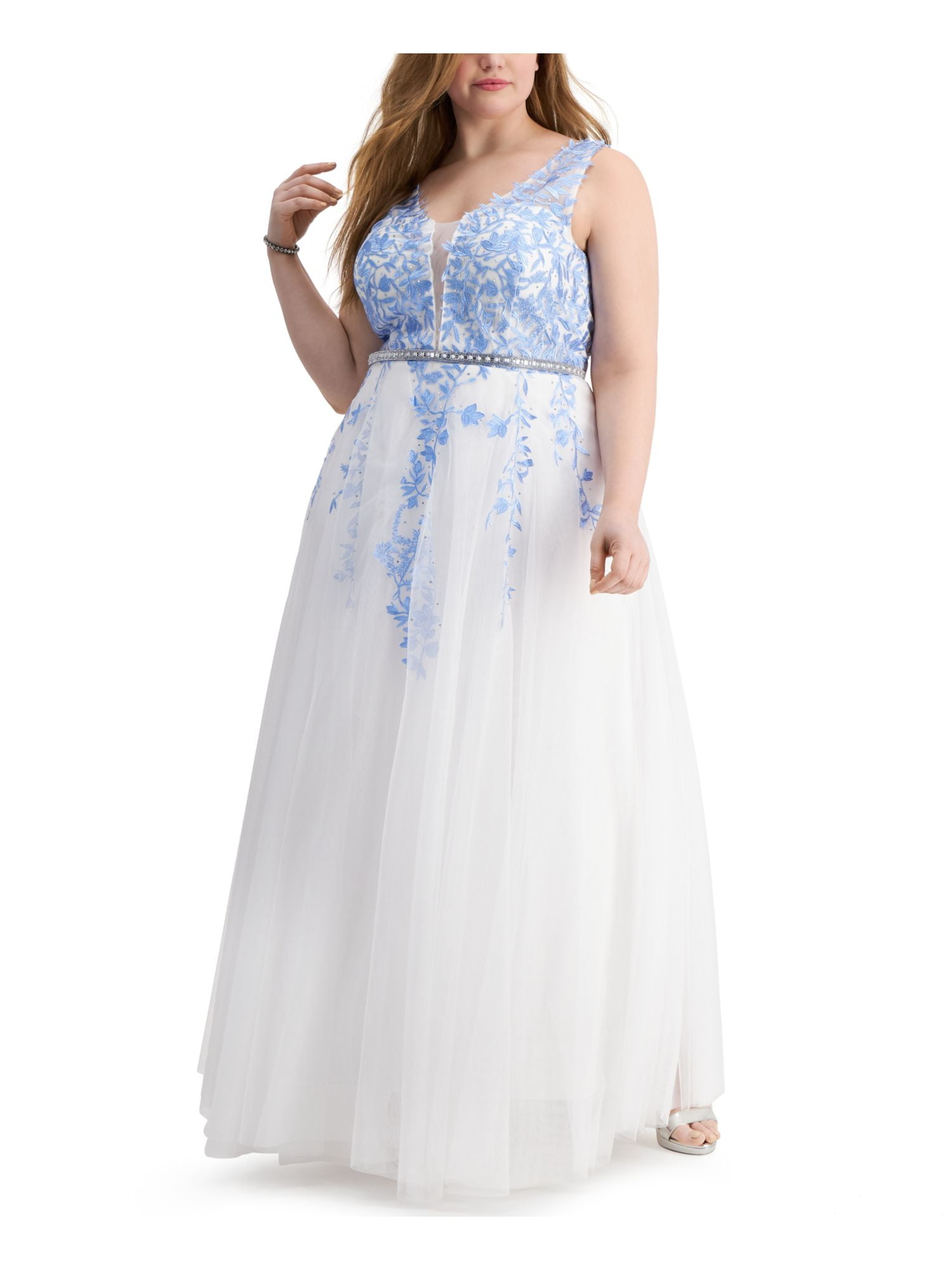 SAY YES TO THE PROM Womens Light Blue Embellished Embroidered Floral  Spaghetti Strap V Neck Full-Length Prom Fit + Flare Dress Plus 14W -  Walmart.com