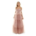 thumbnail image 1 of SAY YES TO THE PROM Womens Pink Mesh Zippered Pleated Tiered Skirt Rhinestone Band Flutter Sleeve V Neck Full-Length Prom Gown Dress Juniors 15, 1 of 4