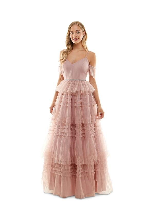 Womens Pink Mesh Zippered Pleated Tiered Skirt Rhinestone Band Flutter Sleeve V Neck Full-Length Prom Gown Dress Juniors 15