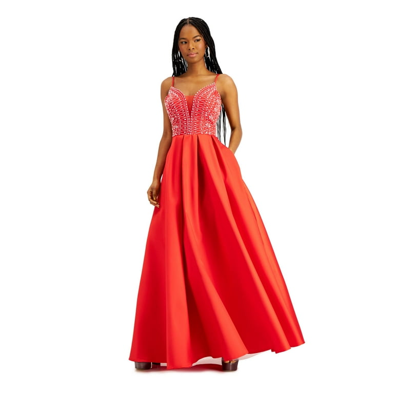 Full-Length PROM YES Spaghetti Neck Fit THE SAY Embellished + Strap Red Juniors Womens Prom TO V 15\\16 Flare Dress