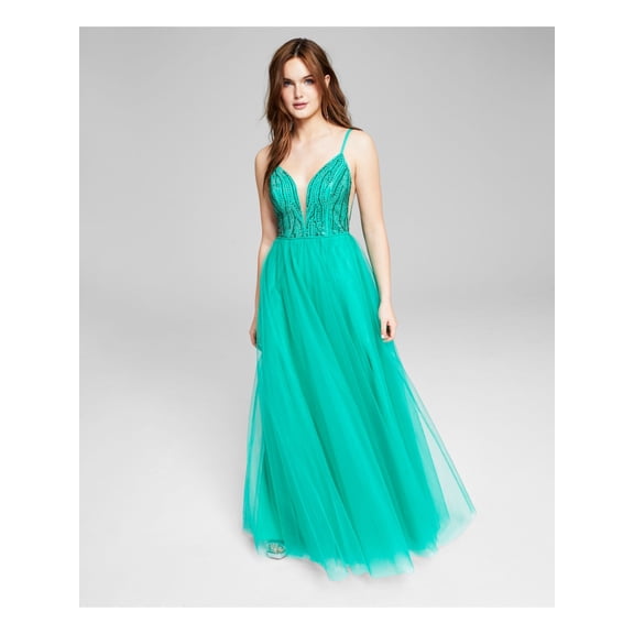 SAY YES TO THE PROM Womens Turquoise Beaded Zippered Lined Sleeveless V Neck Full-Length Formal Gown Dress 3