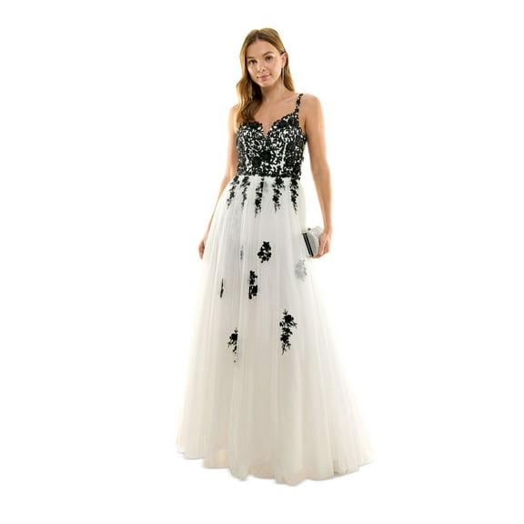 SAY YES TO THE PROM Womens White Embellished Zippered Cutout Tulle Mesh Sheer Lined Floral Spaghetti Strap V Neck Full-Length Formal Gown Dress 5\6