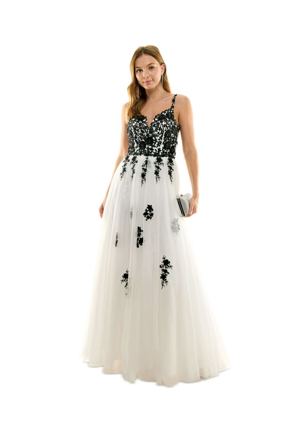 Womens White Embellished Zippered Cutout Tulle Mesh Sheer Lined Floral Spaghetti Strap V Neck Full-Length Formal Gown Dress 5\6