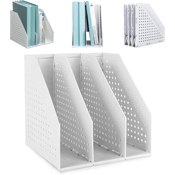 SAYEEC Gray Collapsible Magazine File Holder Plastic 3-Compartment Vertical File Organizer, Sturdy Desk Folder Rack for Office, School & Home
