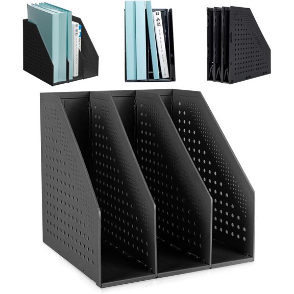 SAYEEC Black Collapsible Magazine File Holder Plastic 3-Compartment Vertical File Organizer, Sturdy Desk Folder Rack for Office, School & Home