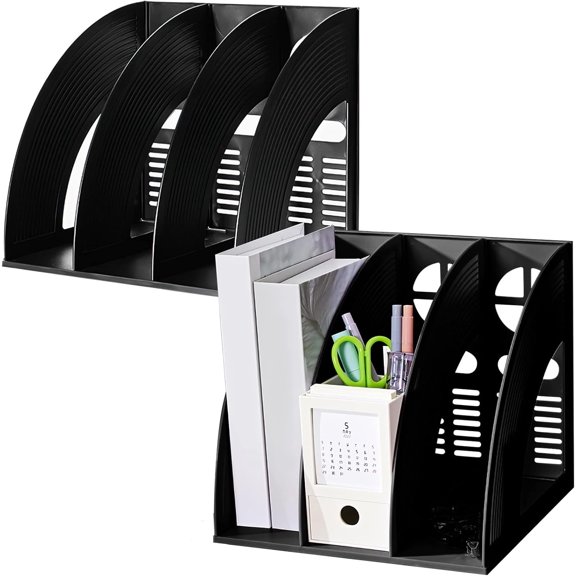SAYEEC 2 Pack File Holder Folder 3 Compartment Standing Desktop Hollow Organizer Black Plastic Paper Notebook Magazine Storage for Office School Home