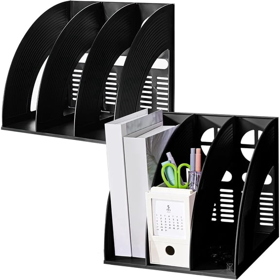 SAYEEC 2 Pack File Holder Folder 3 Compartment Standing Desktop Hollow Organizer Black Plastic Paper Notebook Magazine Storage for Office School Home