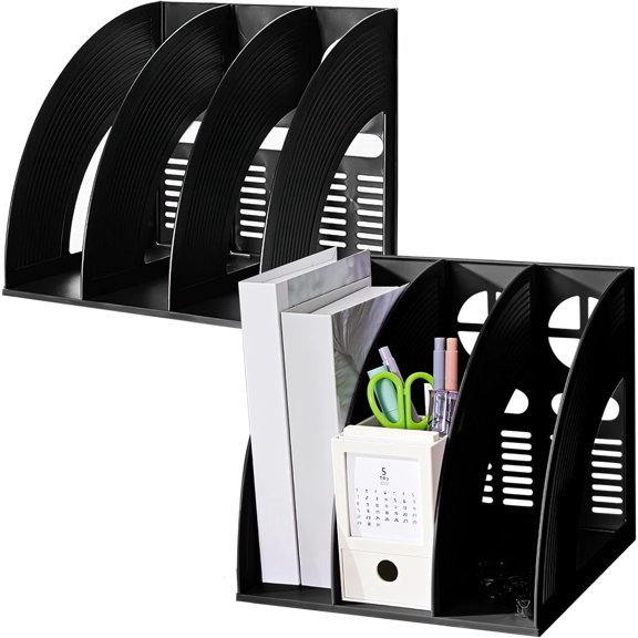 SAYEEC 2 Pack File Holder Folder 3 Compartment Standing Desktop Hollow Organizer Black Plastic Paper Notebook Magazine Storage for Office School Home