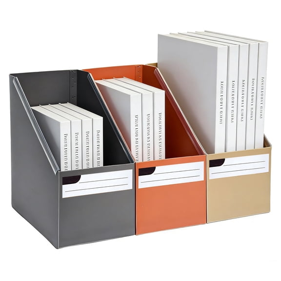 SAYEEC 3 Pack Foldable Paper Storage Organizer, Black Desktop File Organizer Boxes, Plastic File Holder with Labels & Handles, Coffee, Khaki & Orange