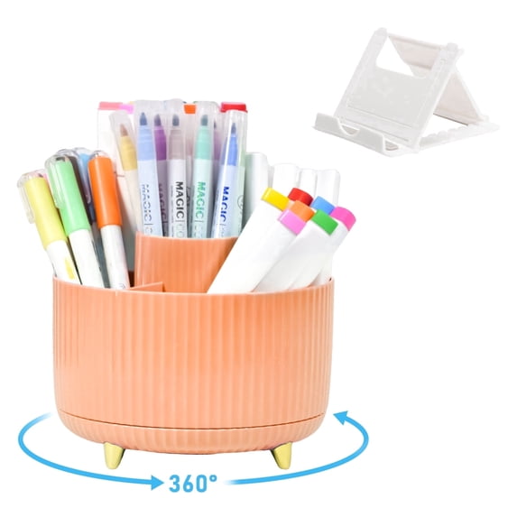 SAYEEC Orange 360° Rotatable 5 Compartment Desk Pen Holder Organizer, Pencil Cup with Detachable Phone Stand for Office & Home Storage