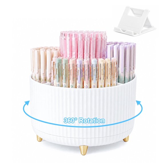 SAYEEC White 360°Rotatable 5-Compartment Desktop Pen Holder Organizer with Phone Stand for Office Home
