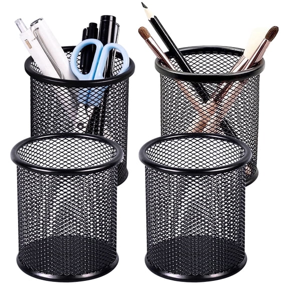 SAYEEC 4 Pack Round Metal Mesh Pen Holders, Durable Hollow Desk Organizers, Art Supply Storage Organizer for Office Home, Black